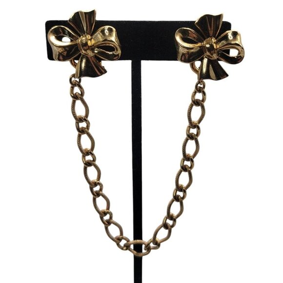 Crown Trifari Sweater Clips Pin Double Bows Detachable Chain Vintage Gold Tone - Picture 5 of 16